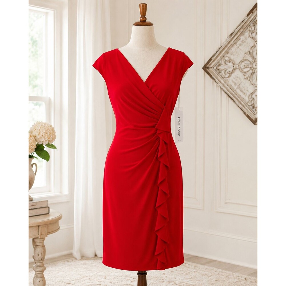 Evan-Picone Dress Size 12 Red Faux Wrap Ruffle Sheath Career Cocktail NWT